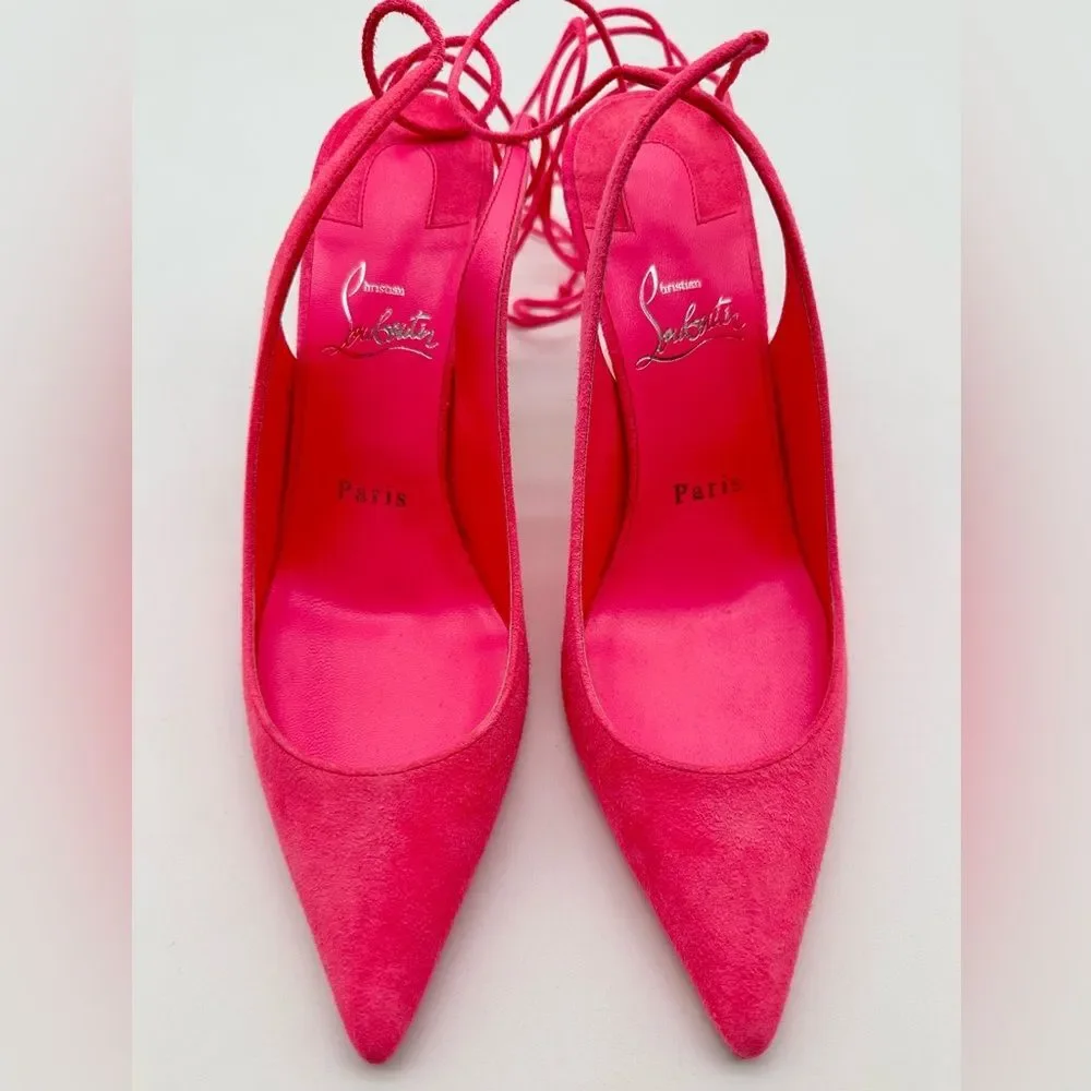 Christian Louboutin Lace Up Kate 85 Pink Suede Stiletto Pumps Heels EU 37 US 7